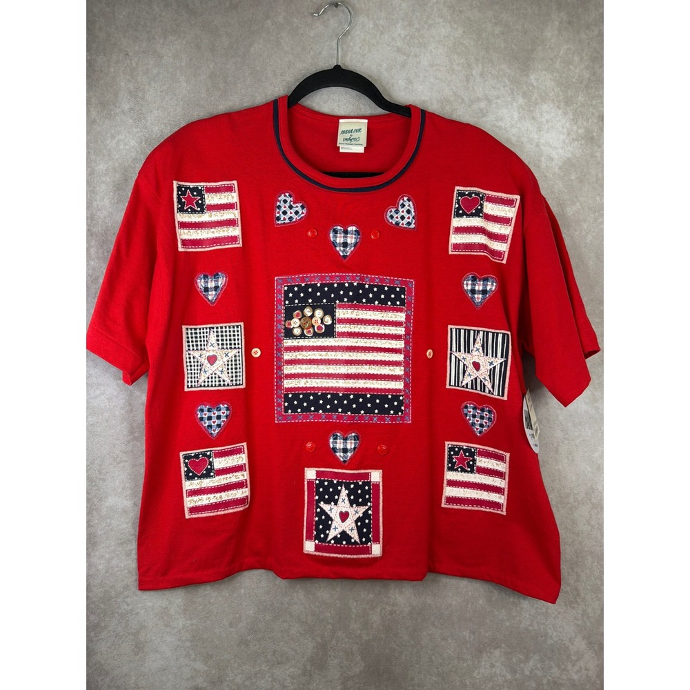 NWT VTG 90s India Ink T-Shirt Womens OSFA Red Americana Hand Painted Flag Star